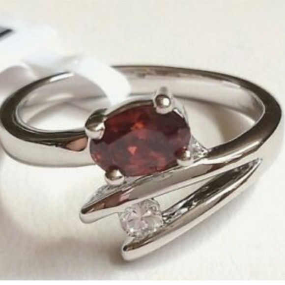 Silver Ruby Garnet Cocktail Ring Red Cubic Zirconia Wrap Size 10 Rhodium Plated - Picture 2 of 8